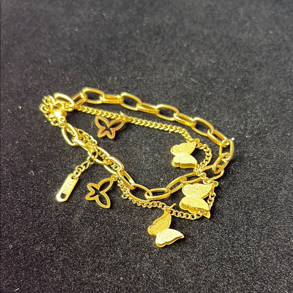 Premium 18K Gold Plated SS Double  Chain Link and Butterflies Bracelet $49